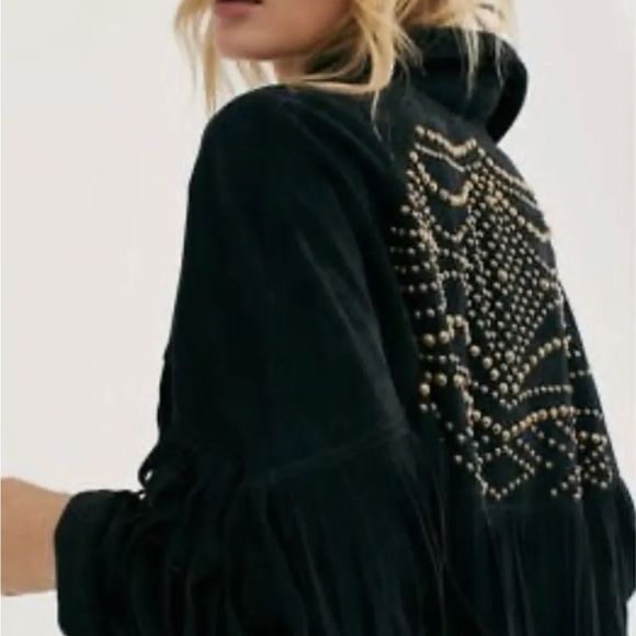 Free People The Lucky Ones Suede Jacket Fringed Studded Snap Front Black - Picture 3 of 7